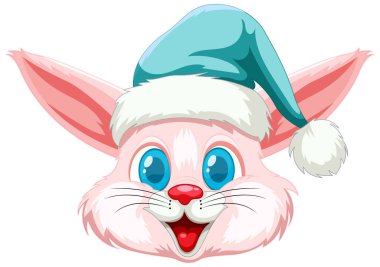 Noel şapkası takan sevimli tavşan, neşeyle gülümsüyor..