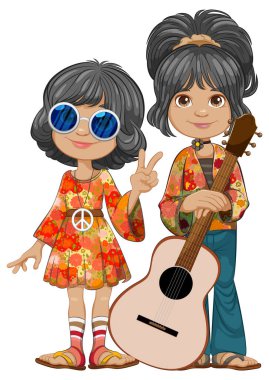 Gitarlı eski moda kıyafetler giymiş çizgi film çocukları..