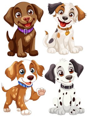 Neşeli ifadeleri olan dört sevimli vektör köpek..