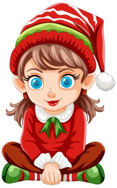 Çizgi film elf kızı Noel kıyafetiyle gülümsüyor..