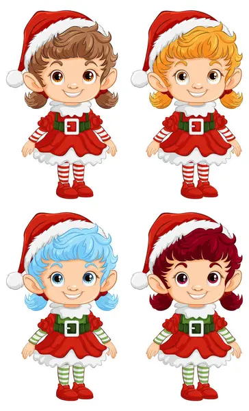 Cuatro Elfos Alegres Vestidos Con Trajes Navidad — Vector de stock