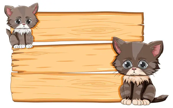 Dvě Roztomilá Koťátka Ilustrovaná Vedle Dřevěné Bedny — Stockový vektor