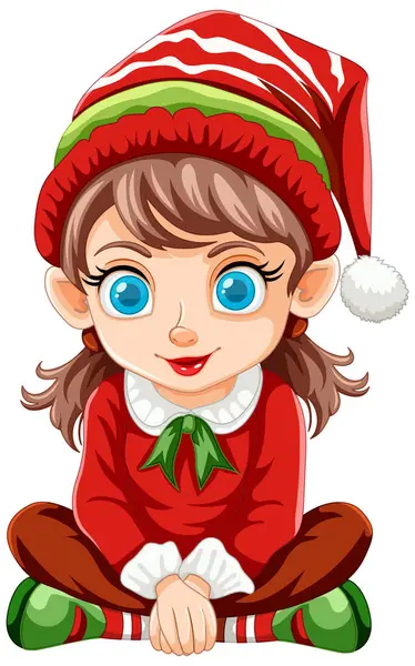 Cartoon Elf Girl Christmas Attire Smiling — Stock Vector