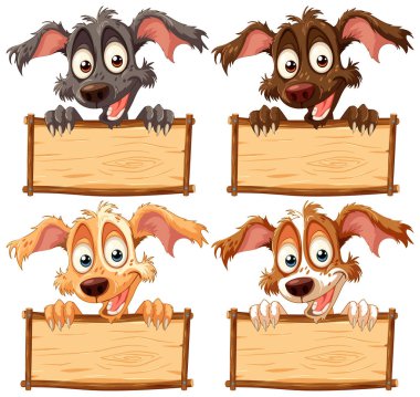 Çizgi film köpekleri boş tahta tabelaların üzerinden dikizliyorlar..