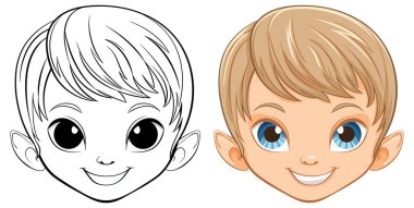 Çizgi filmci çocuğun yüzü, siyah beyaz ve renkli versiyonları..