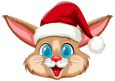 Noel şapkası takan sevimli tavşan, neşeyle gülümsüyor..