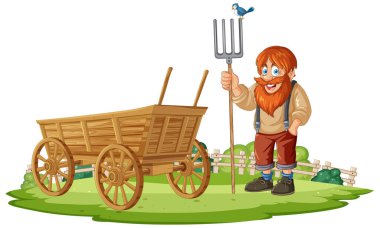 Tahta bir arabanın yanında duran gülümseyen çiftçi..