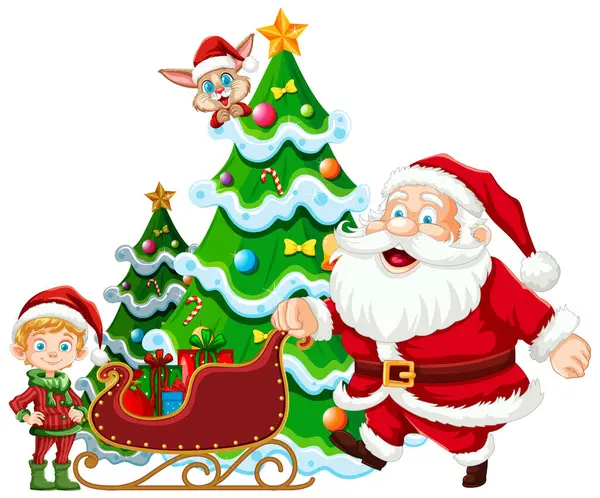 Weihnachtsmann Elfe Und Katze Geschmückten Weihnachtsbaum — Stockvektor