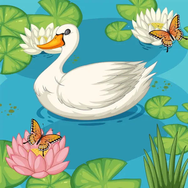 Ilustración Vectorial Cisne Con Mariposas Lirios — Vector de stock