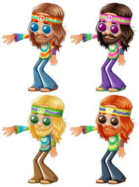 Dört renkli hippi, eski moda giysiler içinde..