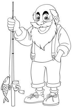 Elinde olta ve balık tutan gülümseyen bir balıkçı..