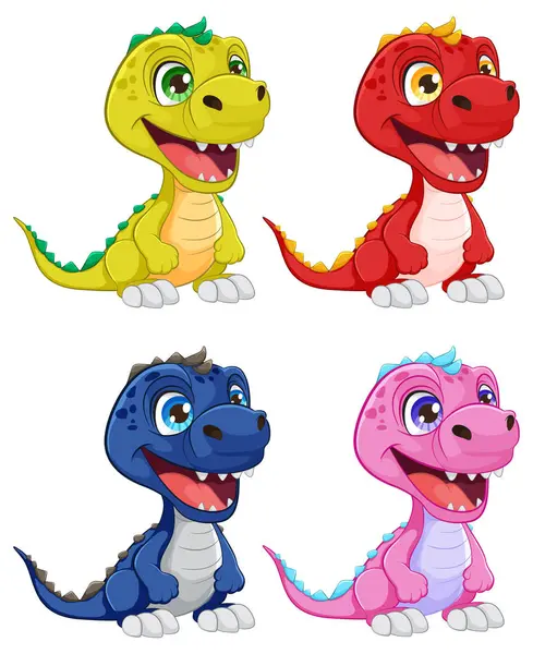 Four Cute Dinosaurs Vibrant Colors Smiling — Stock Vector