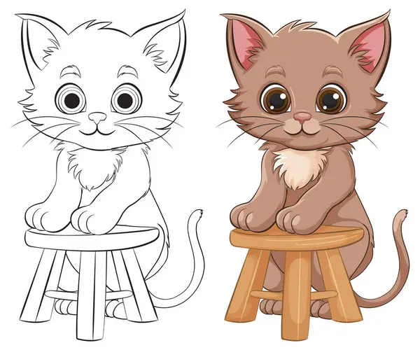 Two Cute Cartoon Kittens Sitting Wooden Stools — Stock Vector