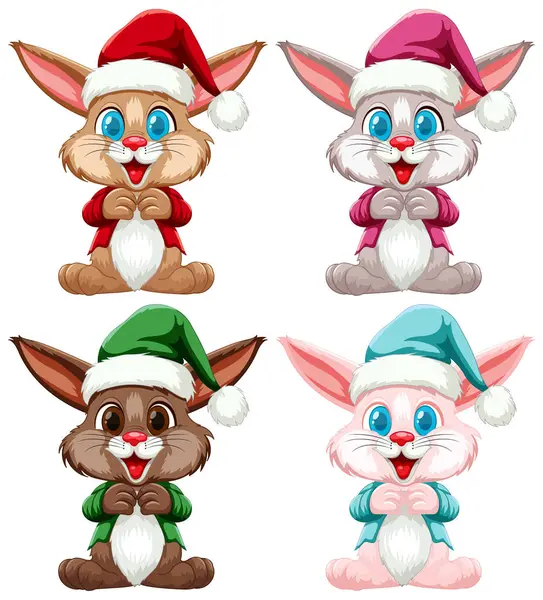 四个穿着圣诞服装的可爱兔子 — 图库矢量图片