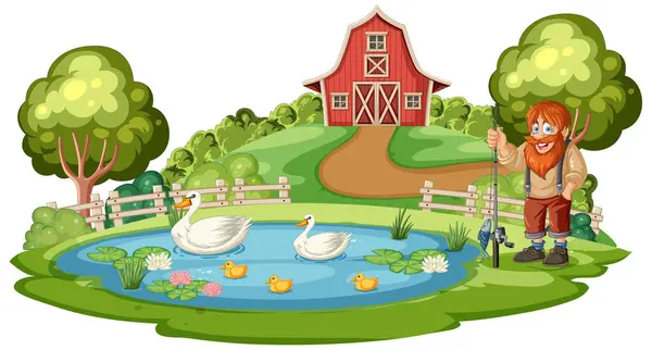 Illustration Eines Bauern Mit Tieren Einem Teich — Stockvektor