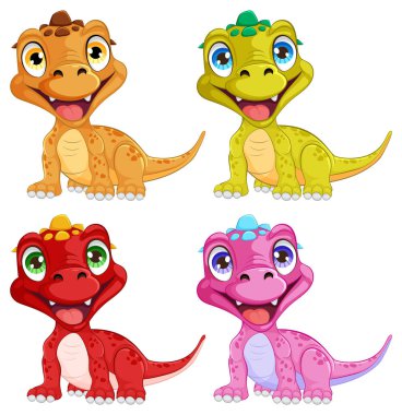 Neşeli ifadeleri olan dört sevimli dinozor.