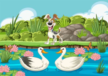 Ördekler ve kelebeklerle köprüde çizgi film köpeği.