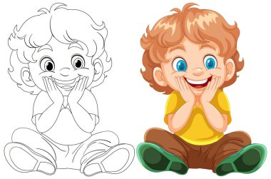 Colorful and line art of a happy, seated child clipart