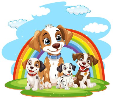 Renkli bir gökkuşağının altında gülümseyen dört çizgi film köpeği.