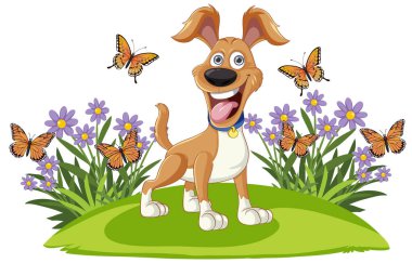 Neşeli köpek renkli kelebeklerle doğanın tadını çıkarıyor.