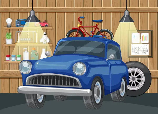 储存在室内的经典蓝色轿车和红色自行车 — 图库矢量图片