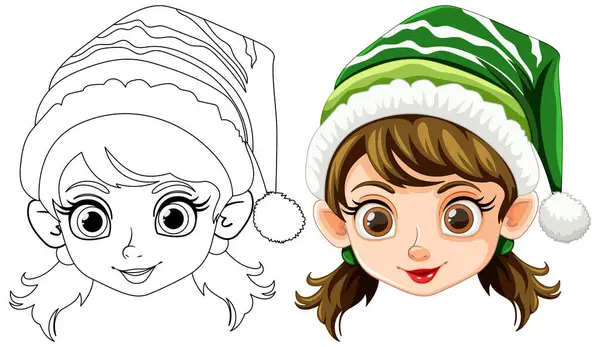 Colorful Line Art Versions Christmas Elf Girl — Stock Vector