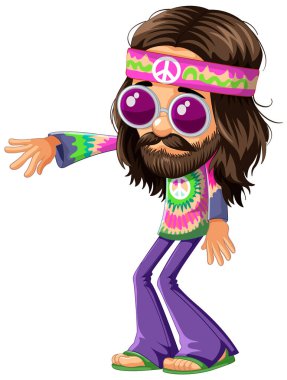 Barış işareti ve güneş gözlüklü renkli hippi..