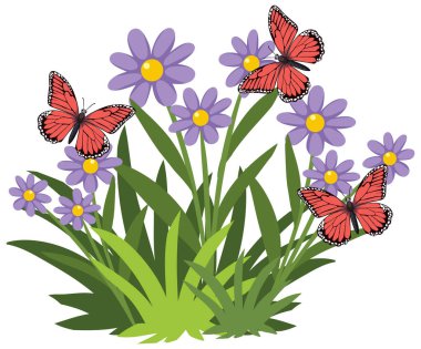 Canlı mor çiçeklere tünemiş renkli kelebekler.