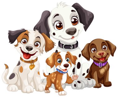 Mutlu bir şekilde gülümseyen dört sevimli yavru köpek.
