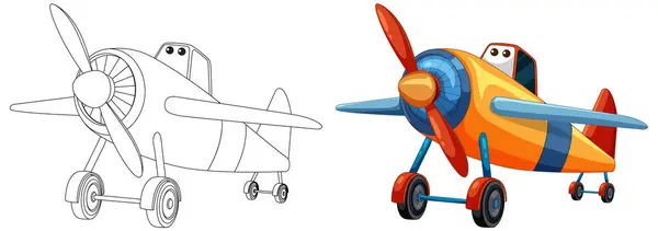 Två Stiliserade Flygplan Ett Färgstarkt Och Ett Skisserat — Stock vektor