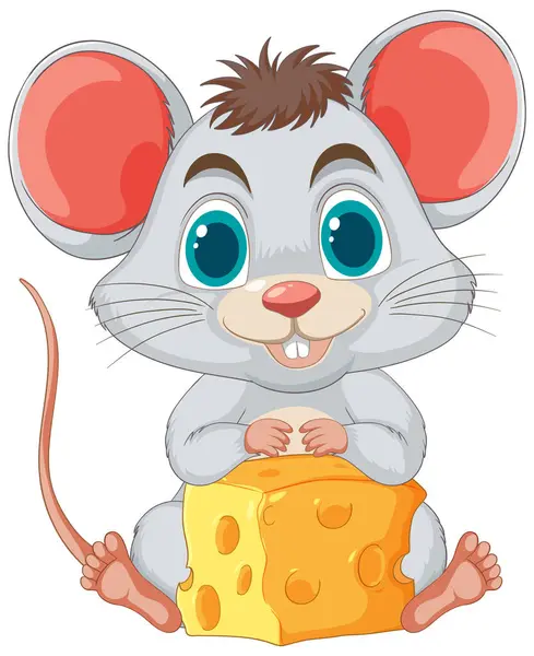 大きなチーズブロックを保持する愛らしい漫画マウス — ストックベクタ