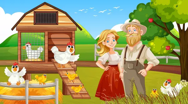 Illustration Von Bauern Und Hühnern Einer Ländlichen Umgebung — Stockvektor