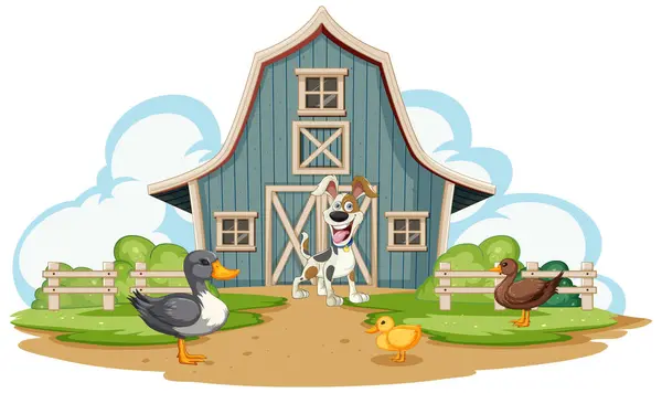 Çiftlik Evinin Önünde Çizgi Film Hayvanları — Stok Vektör