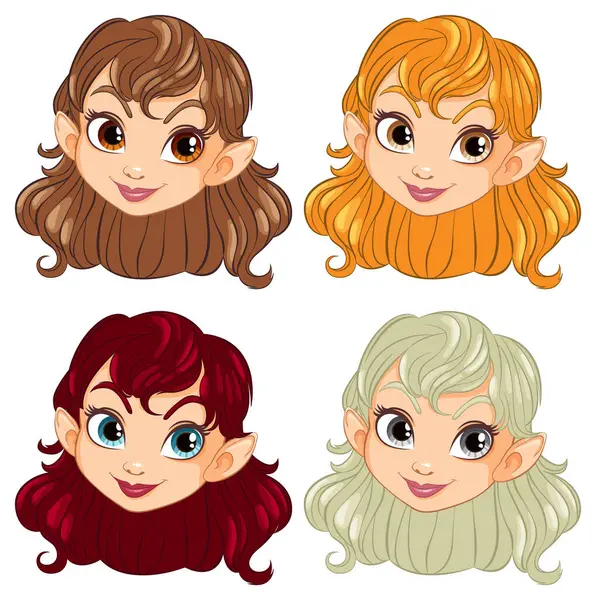 Cztery Wesołe Elfy Dziewczyny Różnymi Kolorami Włosów — Wektor stockowy
