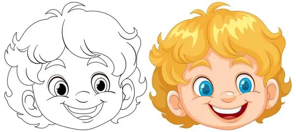 幸せな子供の顔のラインアートとカラーバージョン — ストックベクタ