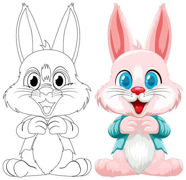 Two Stylized Rabbits One Sketched One Colored — Stock Vector
