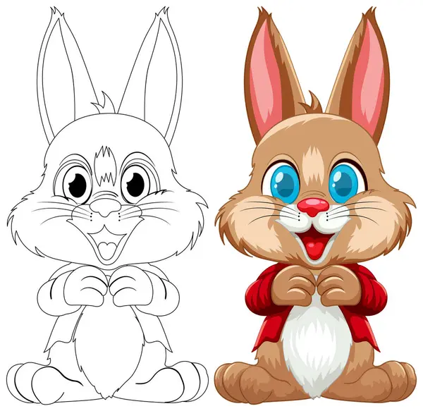 Two Rabbits One Sketched One Colored Smiling — Stock Vector