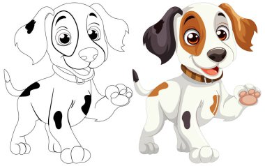 İki çizgi film köpeği gülümsüyor, biri renkli, diğeri çizili..