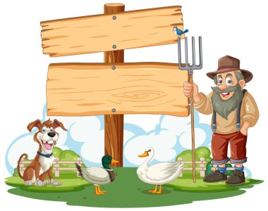 Köpeği, ördekleri ve boş tabelası olan neşeli bir çiftçi..