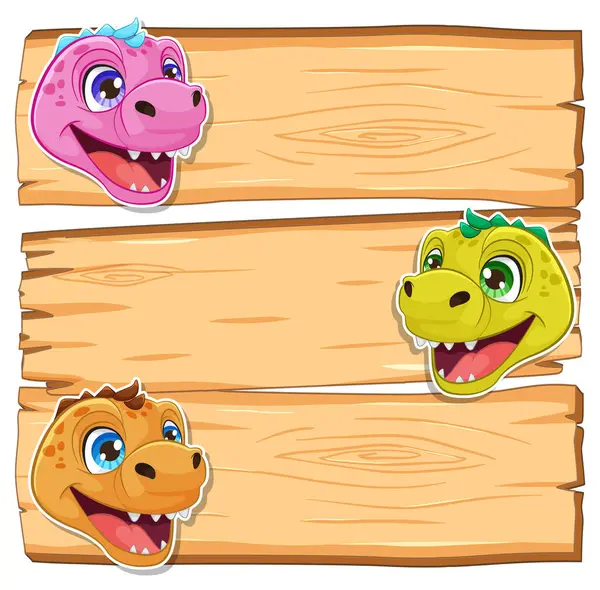 Three Cartoon Dinosaurs Peeking Wooden Signboard — Stock Vector