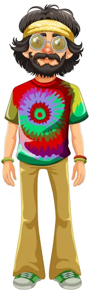 Färgglad Hippie Med Tie Dye Skjorta Och Fredsglasögon — Stock vektor