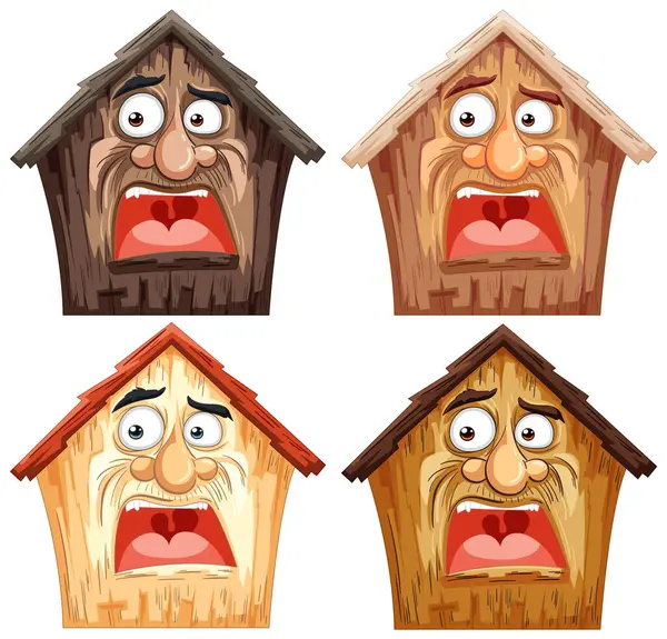 Çeşitli yüz ifadeleri olan dört ahşap ev..