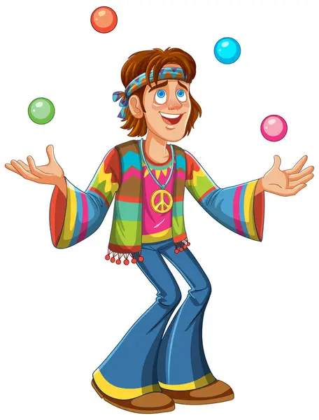 Bandes Dessinées Hippie Jongler Avec Des Balles Avec Une Expression — Image vectorielle
