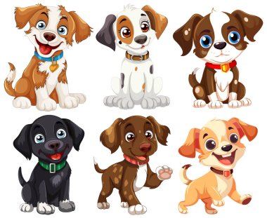 Farklı duygular gösteren altı sevimli vektör köpek yavrusu