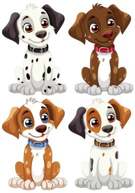 Oyuncu ifadeli dört sevimli vektör köpek yavrusu.