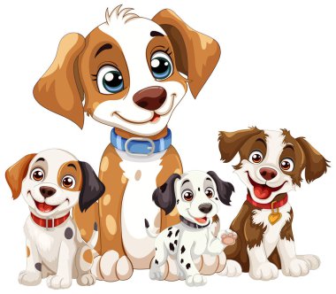 Mutlu ifadeli dört sevimli çizgi film köpeği.