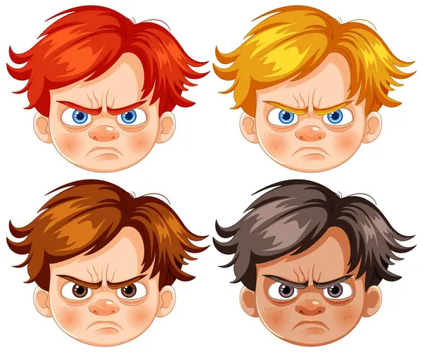 Four Cartoon Boys Various Angry Expressions — Stock Vector