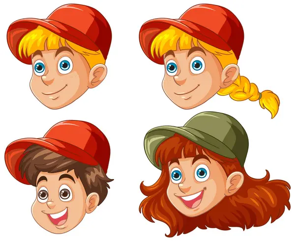 Four Cartoon Children Faces Different Expressions — Stock Vector