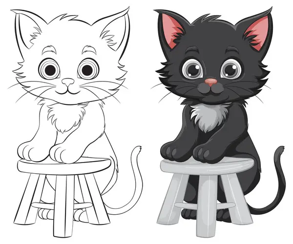 Two Adorable Cartoon Kittens Sitting Stools — Stock Vector