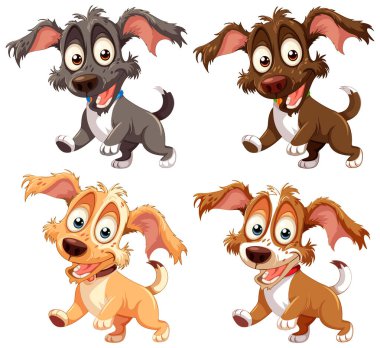 Farklı duygular gösteren dört neşeli animasyon köpeği..